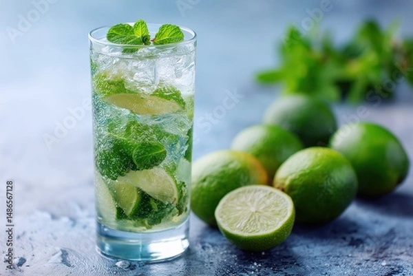 Fototapeta A refreshing mojito cocktail, a perfect summer drink with limes and mint