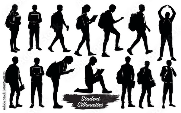Fototapeta Silhouettes of students with backpacks and books isolated on a white background