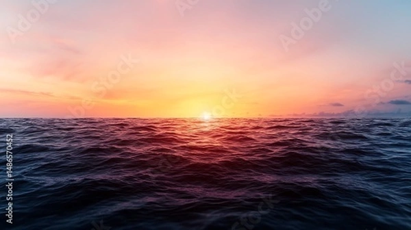 Fototapeta Sunlit Clouds Over Ocean With Ultra Smooth Horizon