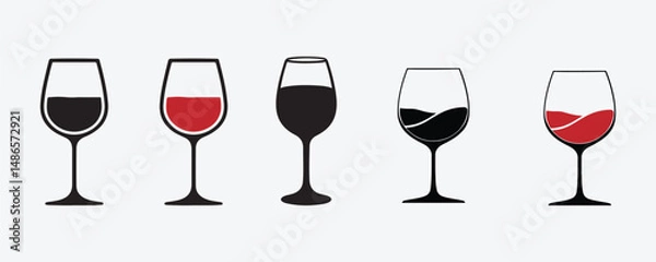 Fototapeta set of wine glasses vector. Glass of Wine icons in Line and Silhouette Vector Style on White Background