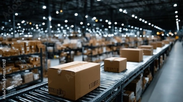 Obraz Cardboard boxes are lined up neatly on metallic shelves in a large warehouse, with glowing lights illuminating the workspace in the background