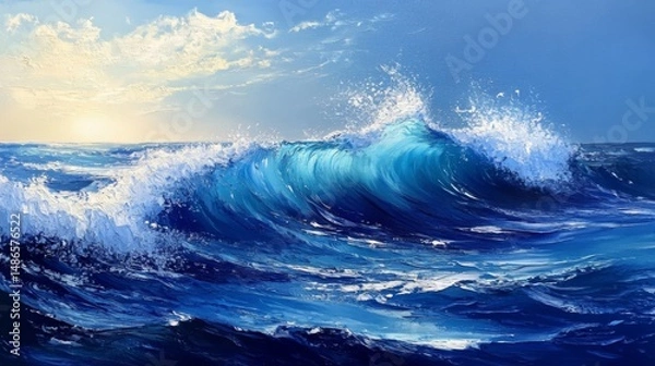 Fototapeta Ocean Wave at Sunrise, Blue and White Water Splashing