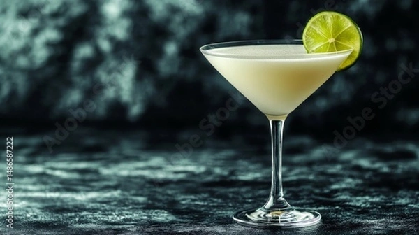 Fototapeta On a dark background, a glass filled with white liquid is garnished with a lime slice