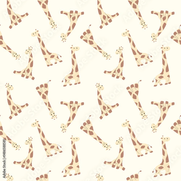 Fototapeta  Vibrant seamless pattern of cartoon giraffes with unique designs arranged playfully across a light beige background.  Ideal for children's rooms, nursery decor, or creative projects.