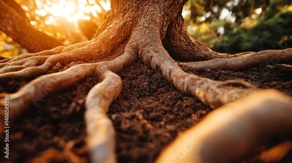 Fototapeta Close-Up of Tree Roots in Soil at Sunset