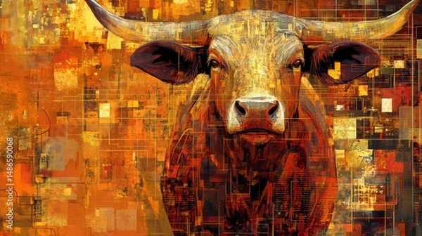 Obraz Close-up portrait of a majestic longhorn bull against an abstract orange and brown background.