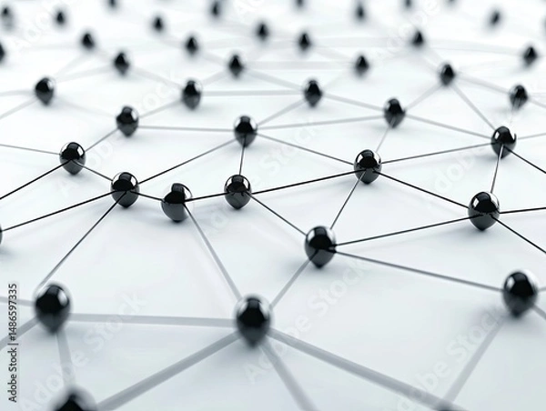 Fototapeta Abstract network of interconnected nodes.  Densely packed black spheres connected by thin lines creating a complex web pattern against a light background