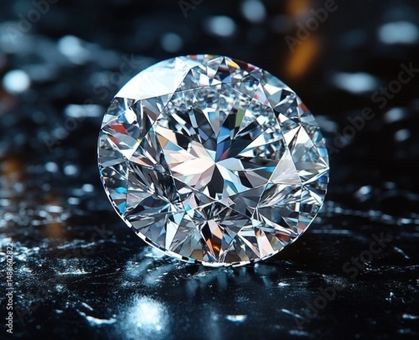 Obraz Sparkling, round brilliant cut diamond resting on a dark surface.