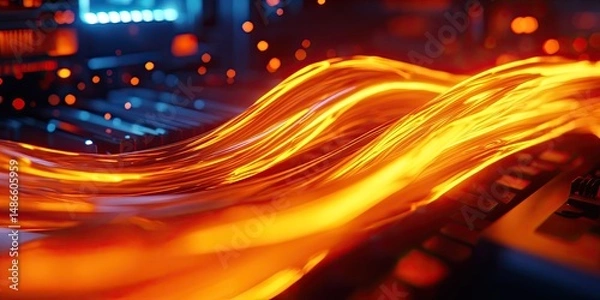 Fototapeta Abstract fiery flowing lines against a dark tech background