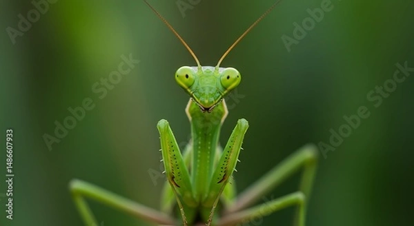Fototapeta Praying Mantis Close Up Portrait in Green Nature Garden Environment Focus Stacking Macro Photography