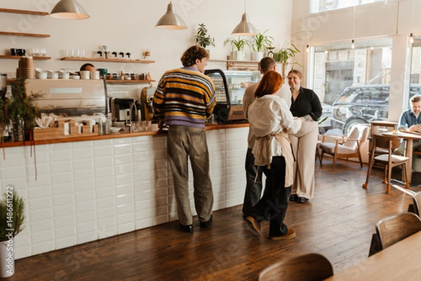 Fototapeta A group of adults stands and talks at the counter of a modern cafe. A woman in an apron speaks with customers. Another person sits at a window table.