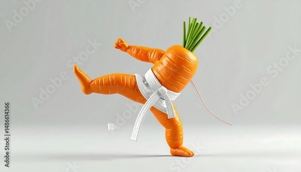 Fototapeta Karate Carrot Posing On Gray Background With White Belt and Green Leaves