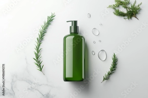 Fototapeta Sleek herbal skincare shampoo bottle with greenery and water droplets for product design inspiration