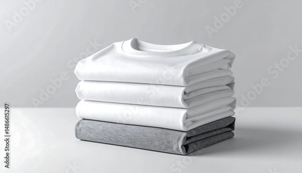 Fototapeta Stack Of Folded White And Gray T Shirts On White Surface Studio Shot