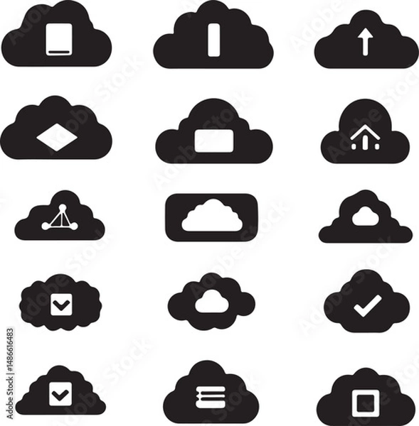 Fototapeta Black Cloud Computing Icons: Upload, Download, Data Storage