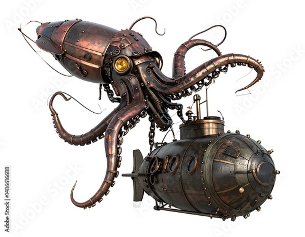 Fototapeta Mechanical Steampunk Squid and Submarine in Bronze Tones Isolated on White Background