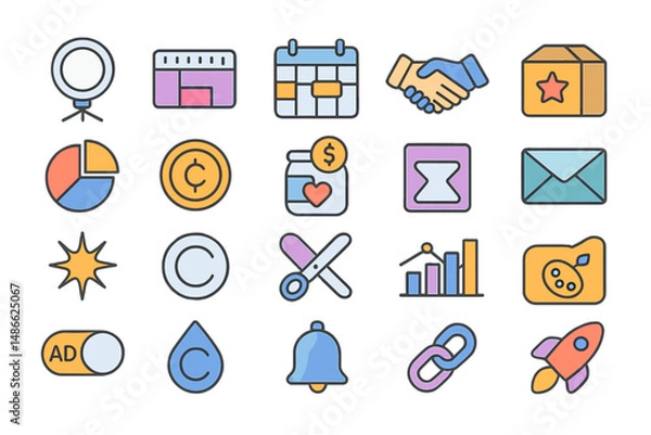 Obraz Collection of colorful icons illustrating business concepts, digital communication, and project management tools