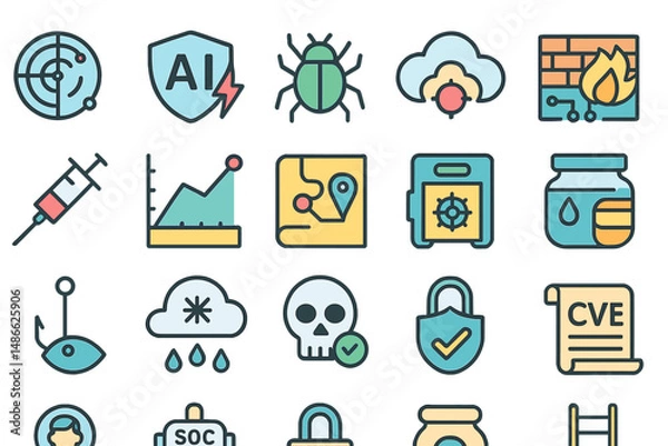 Fototapeta Collection of technology and cybersecurity icons representing various concepts and tools for modern digital safety and analysis activities