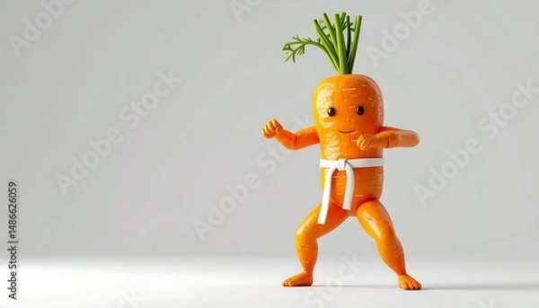 Fototapeta Cartoon Carrot Personified in Karate Pose with White Belt on Gray Studio Background