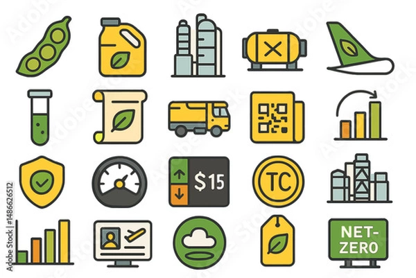 Fototapeta Circular economy icons illustrating sustainable practices in various industries and processes for environmental awareness