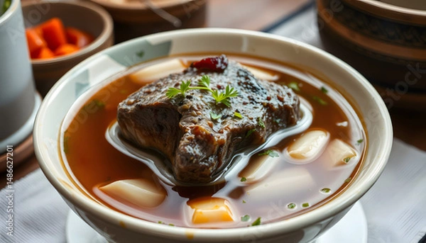 Fototapeta Savory beef broth, a classic comfort food crafted from slow-simmered beef bones and fresh garden vegetables, Diffused lighting. with white shades