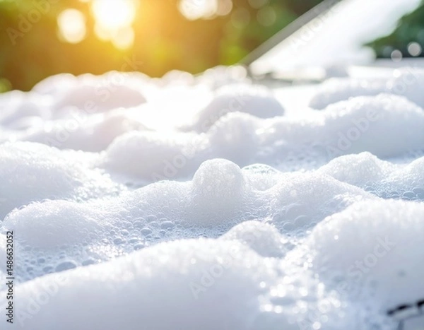 Fototapeta Close-up of sunlit soap suds on car surface in morning light