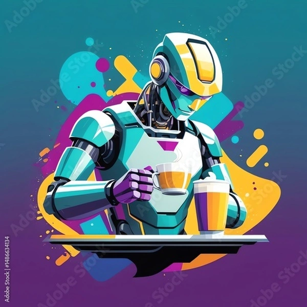 Fototapeta A Futuristic Robot Enjoying a Warm Beverage Break
