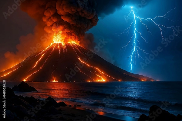 Fototapeta Volcanic Eruption and Lightning Storm over the Ocean