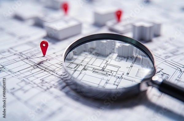 Fototapeta Architectural blueprint magnified with a magnifying glass and location markers
