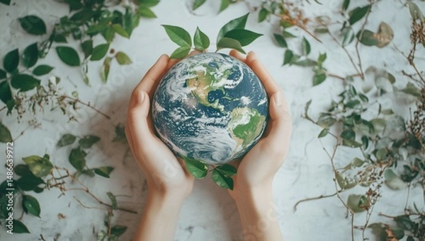 Obraz Hands holding Earth with green leaves.