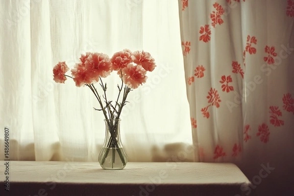 Fototapeta Pink carnations vase with window light.
