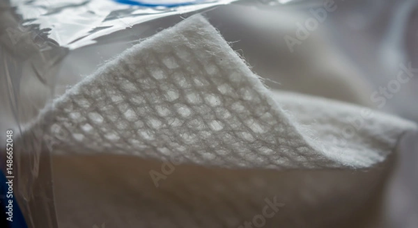 Fototapeta A close up shot of a white textured wipe with a plastic wrapper partially visible on the top left