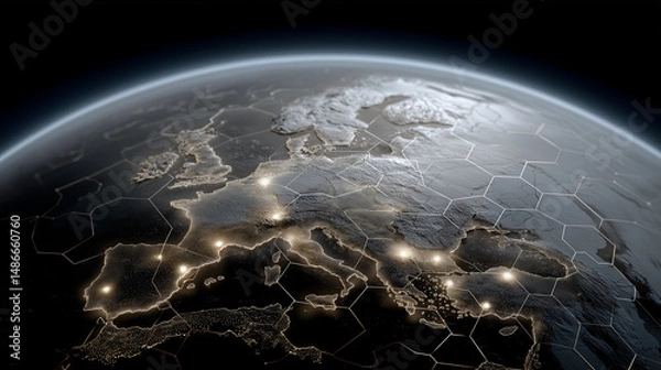 Fototapeta Metallic Europe Map in Space with Hexagon Grids and Energy Nodes