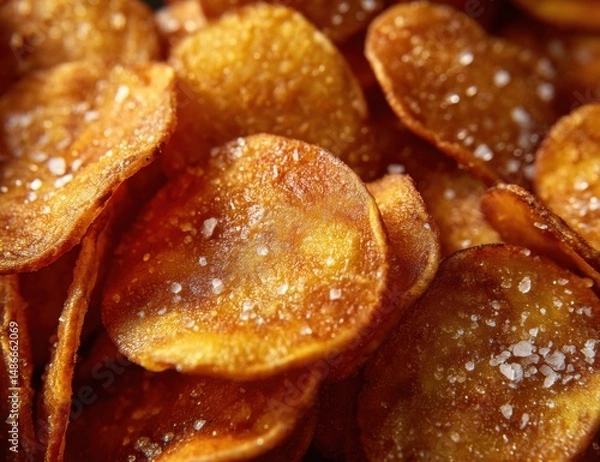Fototapeta A close-up shot reveals a pile of crispy potato chips, generously seasoned with sea salt. The golden-brown chips are stacked, showcasing their texture and deliciousness. : Generative AI