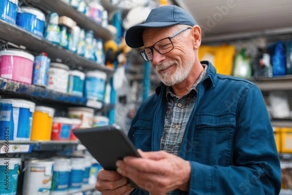 Fototapeta Senior man, wearing glasses and a blue jacket, uses a tablet in a hardware store filled with paint cans and various supplies. He's checking inventory or placing an order. : Generative AI