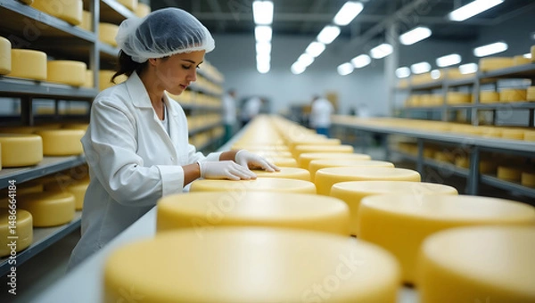 Fototapeta A Cheese Maker Checking Quality in Production Area