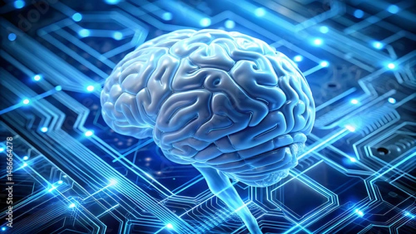 Fototapeta Conceptual illustration of a human brain integrated with futuristic digital circuitry and technology
