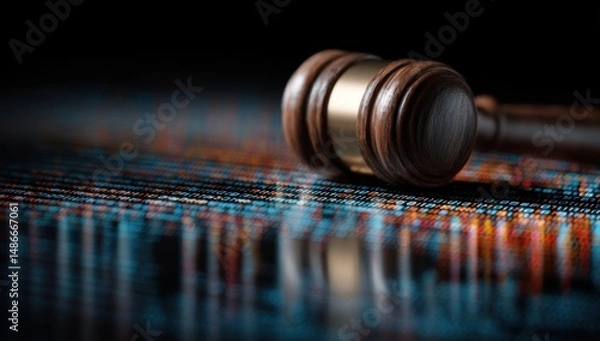 Obraz Close-up of a wooden gavel resting on a blurred background of colorful binary code, symbolizing cyber law or digital justice. : Generative AI