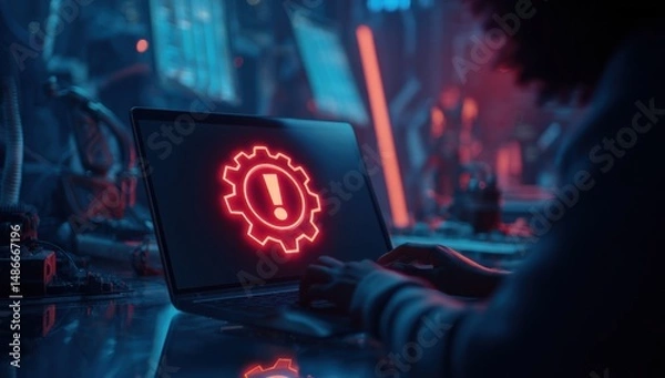 Fototapeta Person working on laptop with red warning gear icon on screen, futuristic setting, neon lights, dark ambiance, technology error, system alert. : Generative AI