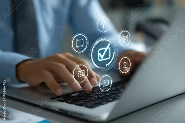 Obraz Person using laptop with digital interface showing checkmarks, calendar, and email icons, representing task management and online productivity. : Generative AI