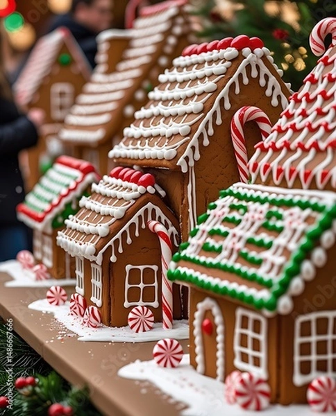 Fototapeta Festive gingerbread houses decorated with colorful icing and candy in a cheerful holiday setting, capturing the magic and sweetness of traditional Christmas celebrations

