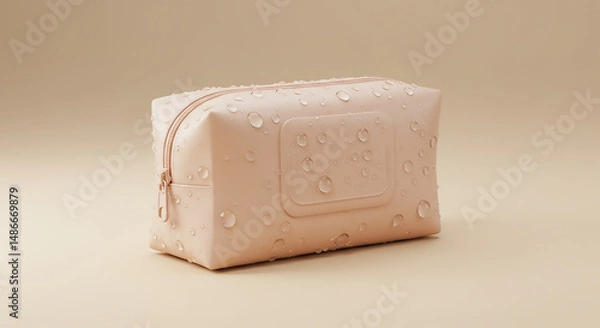 Fototapeta Close up of a pink cosmetic bag with a zipper and water droplets on a light brown background