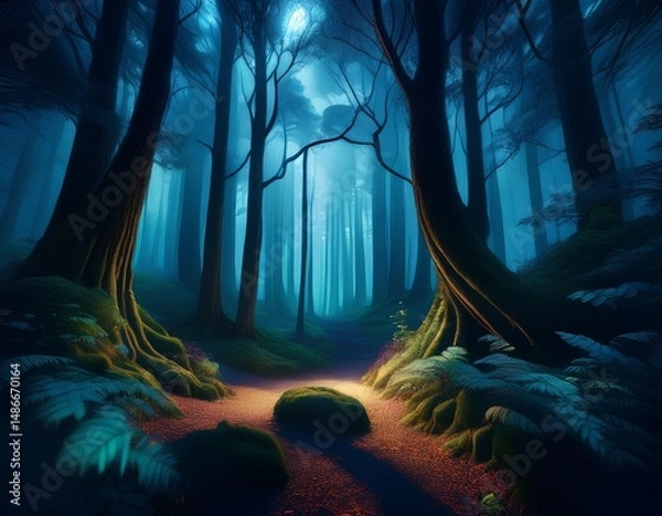 Fototapeta enchanted shadows a mysterious night in the forest generative ai
