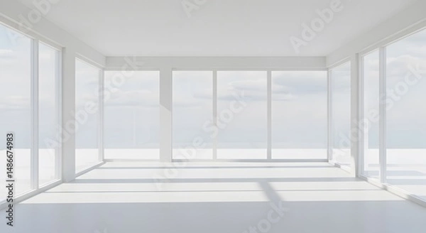 Fototapeta Bright minimalist room with large windows, showcasing expansive sky views. Ideal for showcasing simple, modern architectural designs.