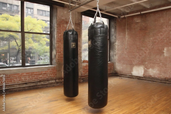 Fototapeta an interior photograph of a boxing training space features aged red brick walls as the backdrop