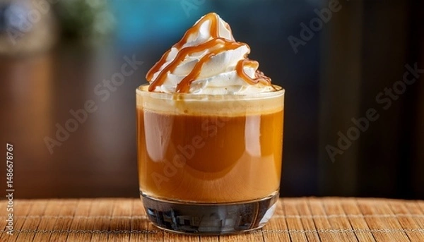 Fototapeta close up of a creamy caramel coffee beverage with whipped cream and drizzle on top