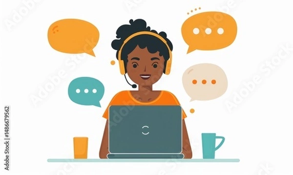 Fototapeta cartoon illustration person working operator in front monitor screen plain background Generate AI