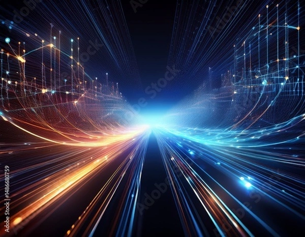 Fototapeta abstract illustration of network connectivity and data speed glowing digital lines and nodes symbolizing fast data transfer and the efficiency of communication in the digital age