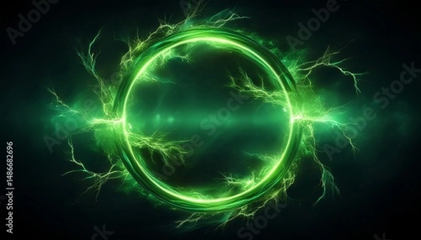 Fototapeta abstract green lightning circle on dark backdrop mysterious shape