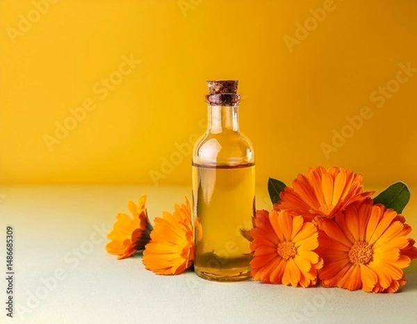 Fototapeta calendula flowers with calendula oil in a glass bottle on yellow background photo side view banner with space for text